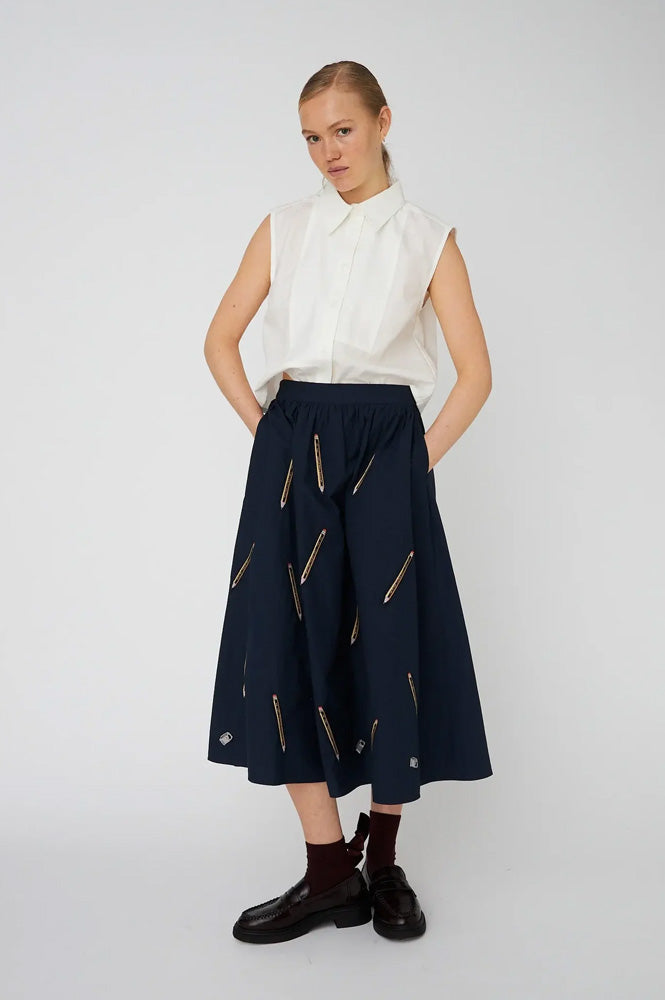 Stella Nova Pencil Embroidered Navy Midi Skirt