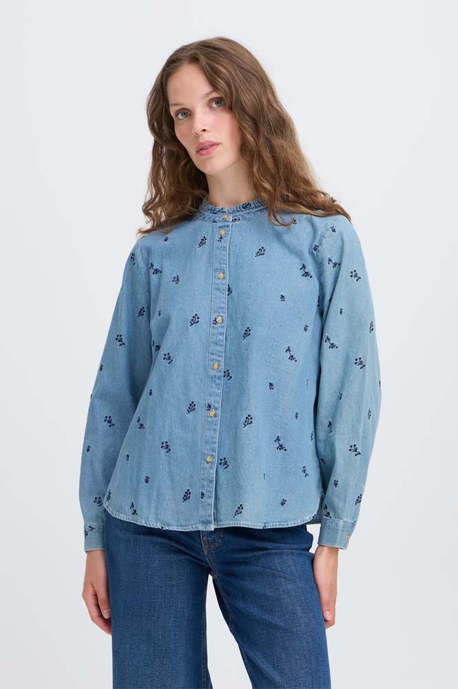 ICHI Archer Floral Embroidered Denim Shirt
