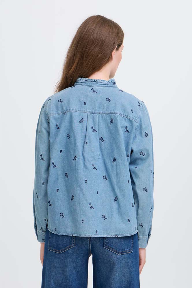 ICHI Archer Floral Embroidered Denim Shirt