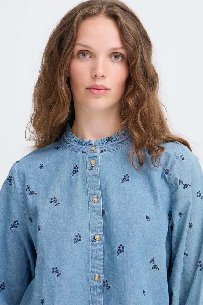 ICHI Archer Floral Embroidered Denim Shirt