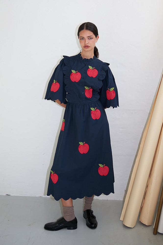 Stella Nova Apple Embroidered Navy Midi Dress