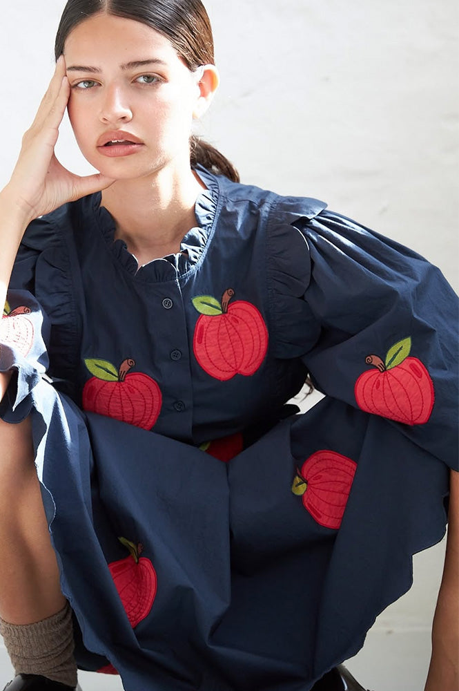 Stella Nova Apple Embroidered Navy Midi Dress