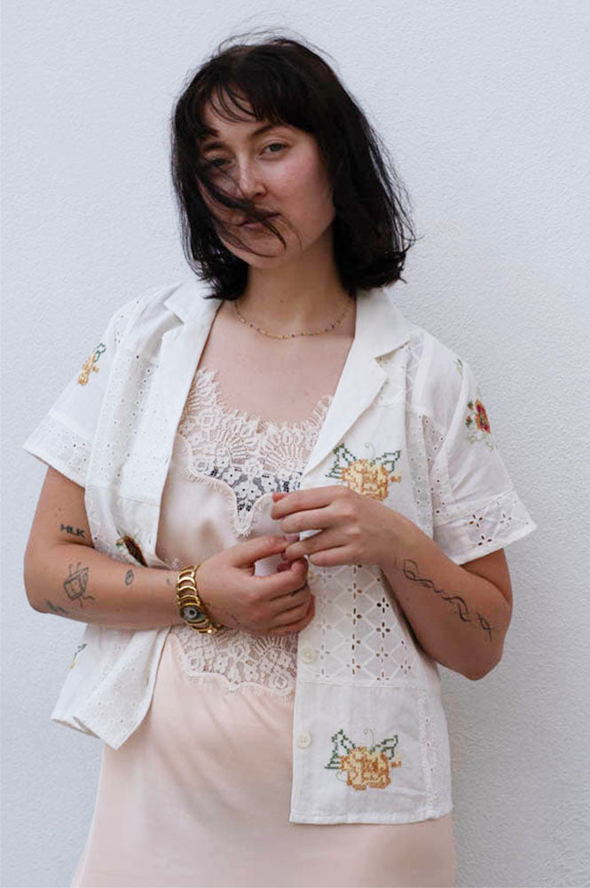Indi & Cold White Cross-Stitch Patch Shirt