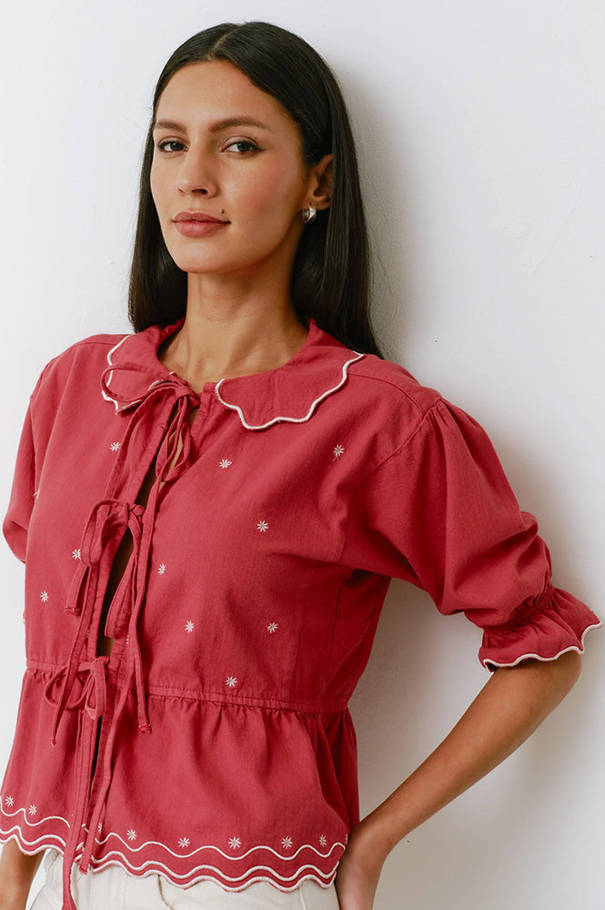 Seventy + Mochi Ana Tie Front Vintage Red Blouse