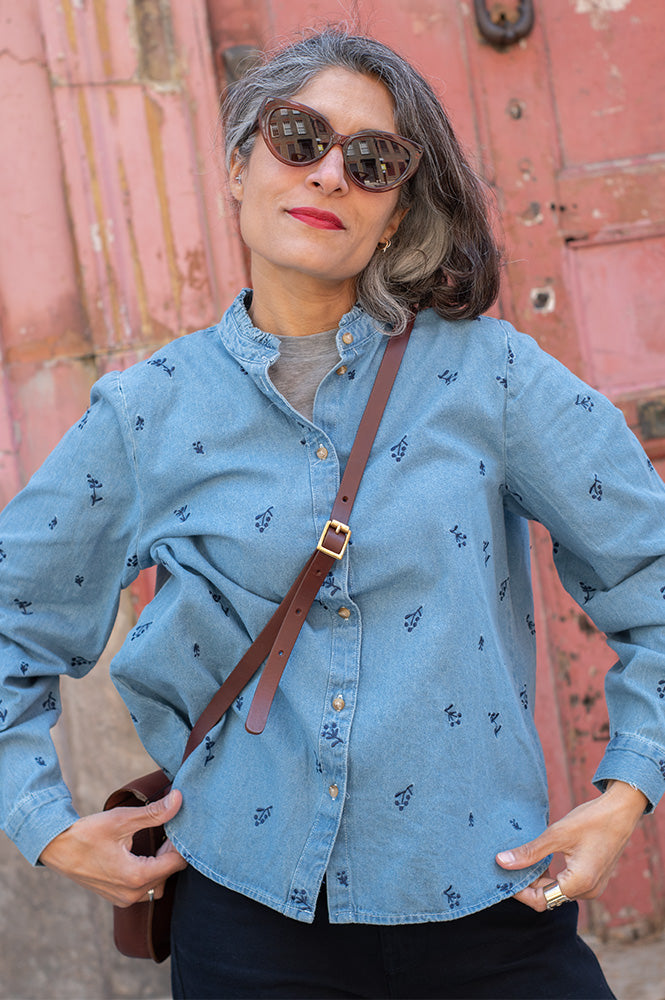 ICHI Archer Floral Embroidered Denim Shirt