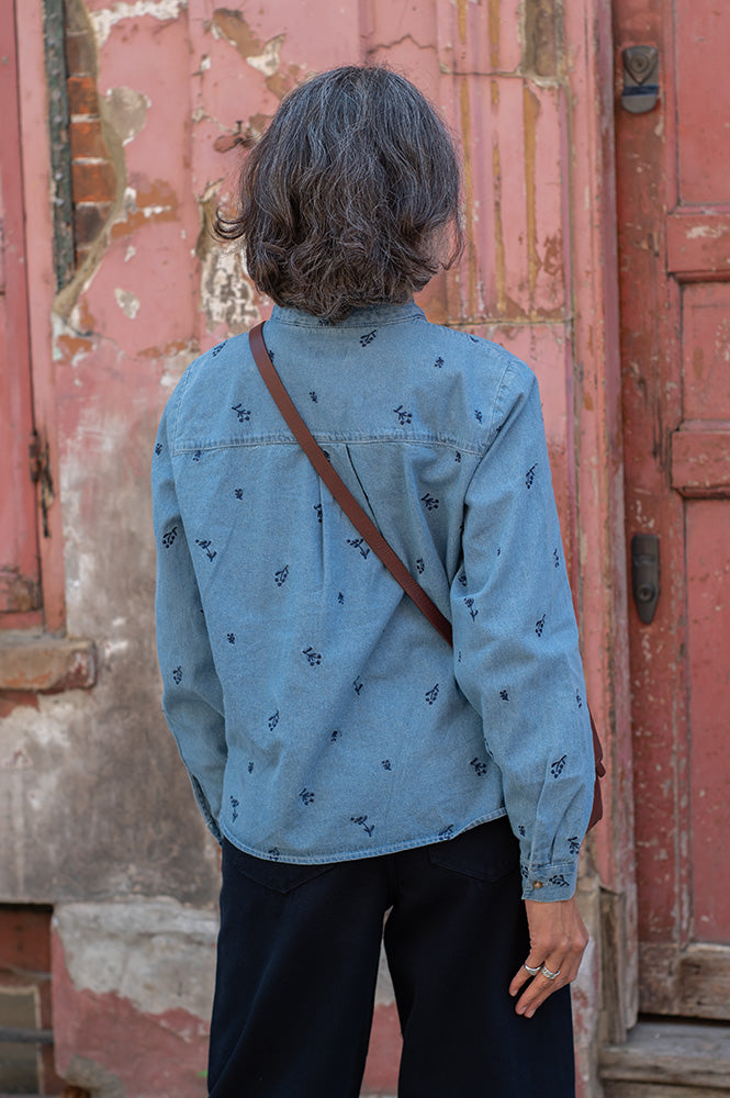 ICHI Archer Floral Embroidered Denim Shirt