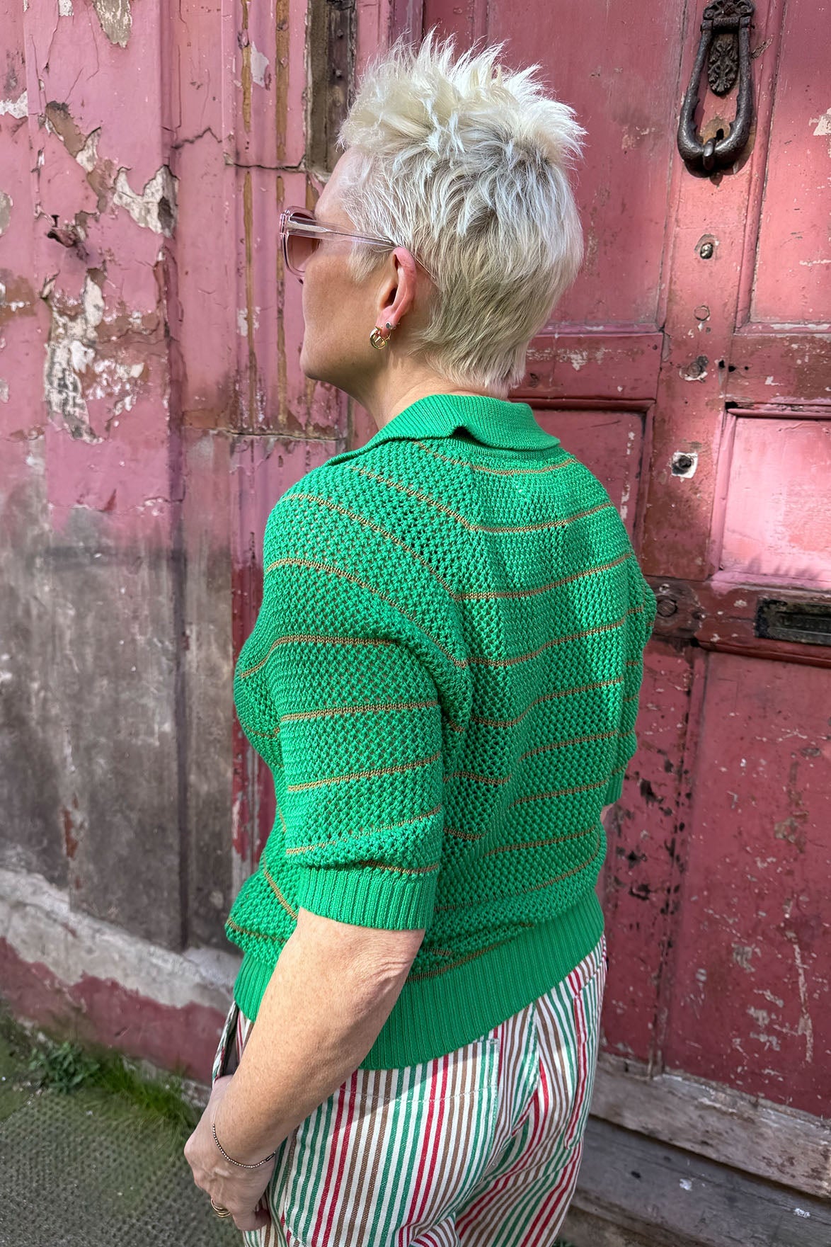 Leon & Harper Make Green Stipe Polo Knit Shirt
