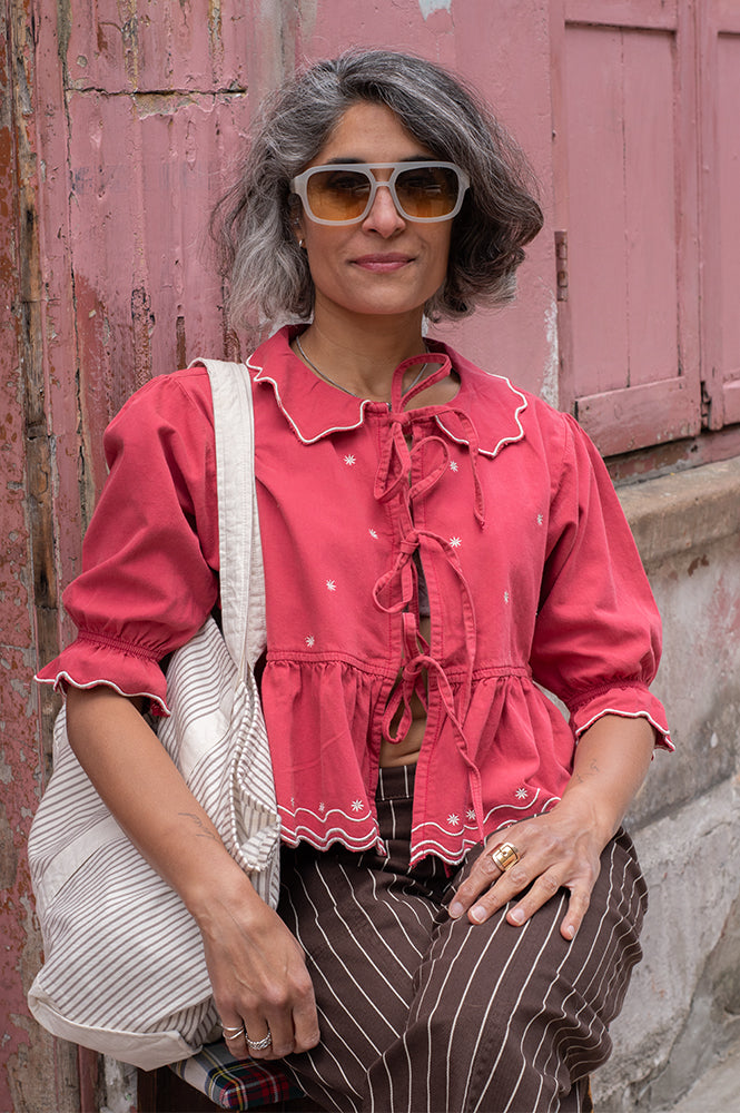 Seventy + Mochi Ana Tie Front Vintage Red Blouse