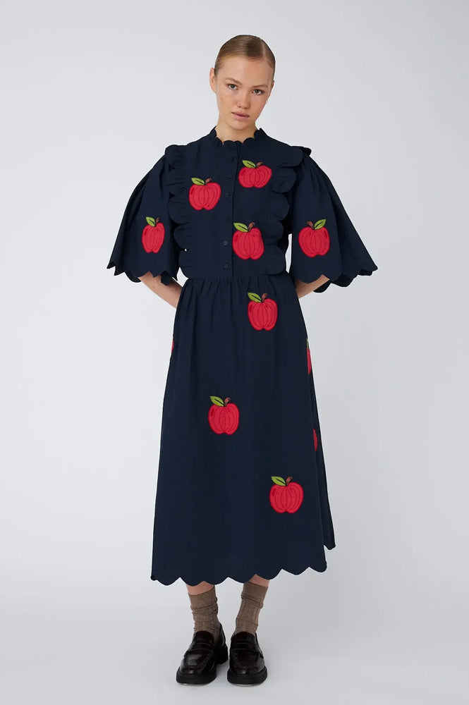 Stella Nova Apple Embroidered Navy Midi Dress