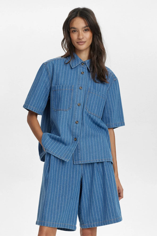 Numph Lucie Blue Denim Stripe Shorts
