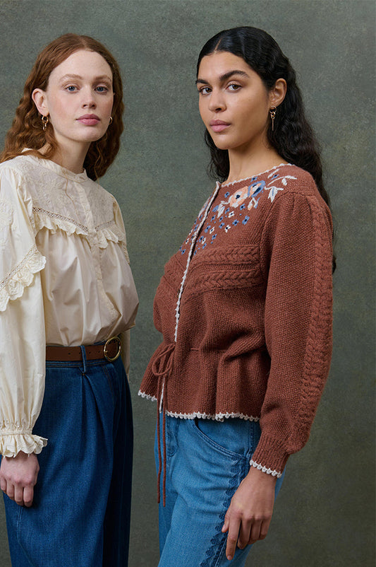 Louise Misha Sandya Embroidered Chestnut Cardigan