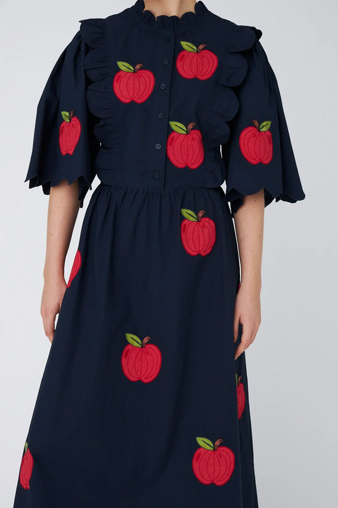 Stella Nova Apple Embroidered Navy Midi Dress