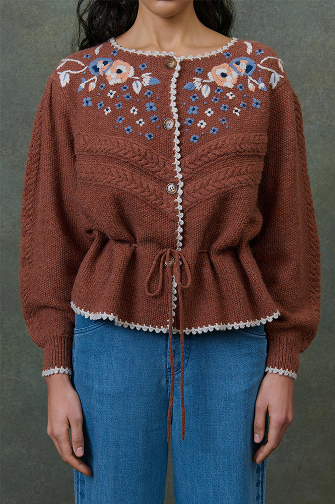 Louise Misha Sandya Embroidered Chestnut Cardigan