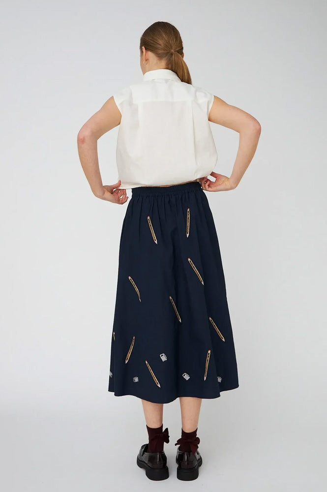 Stella Nova Pencil Embroidered Navy Midi Skirt