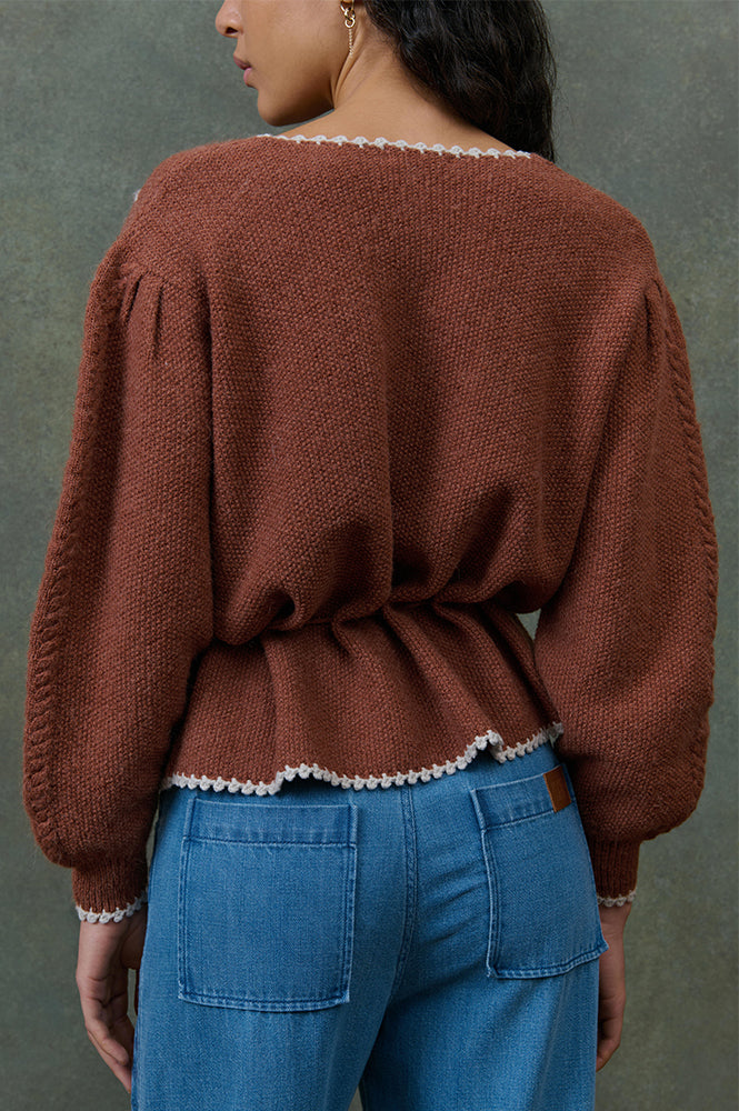 Louise Misha Sandya Embroidered Chestnut Cardigan