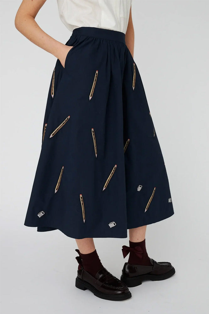 Stella Nova Pencil Embroidered Navy Midi Skirt