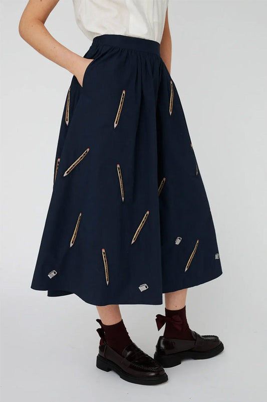 Stella Nova Pencil Embroidered Navy Midi Skirt