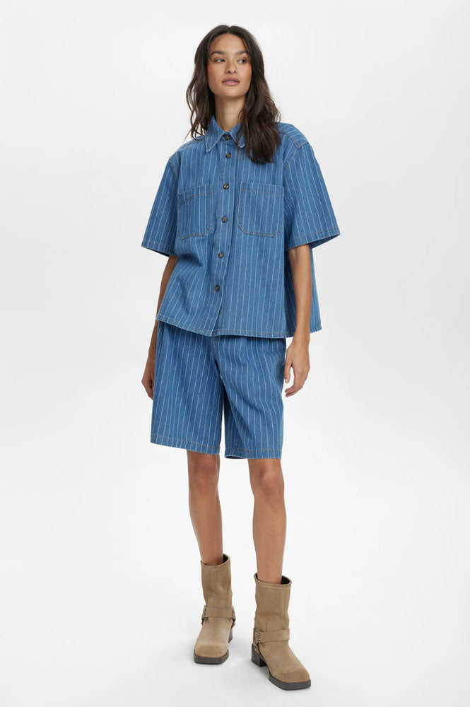 Numph Lucie Blue Denim Stripe Shorts