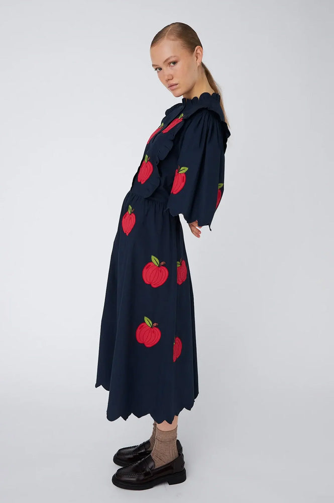 Stella Nova Apple Embroidered Navy Midi Dress
