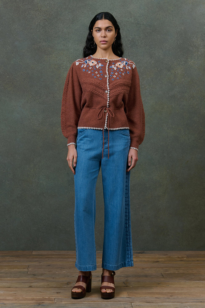 Louise Misha Sandya Embroidered Chestnut Cardigan