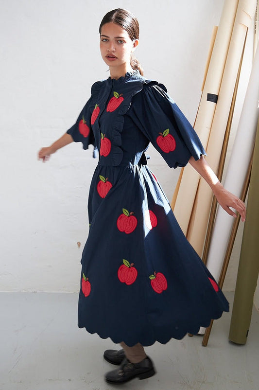 Stella Nova Apple Embroidered Navy Midi Dress