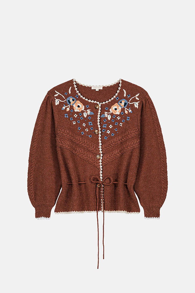 Louise Misha Sandya Embroidered Chestnut Cardigan