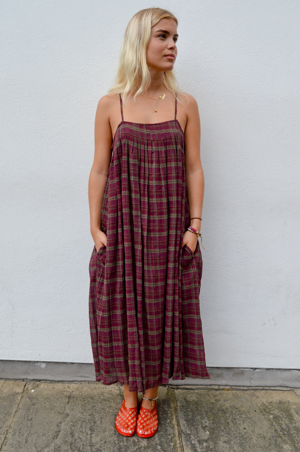 Amente Check Pleated Cami Dress