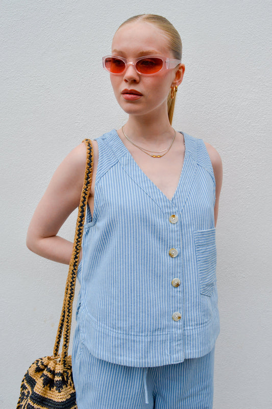 FRNCH Colza Striped Denim Sleeveless Vest