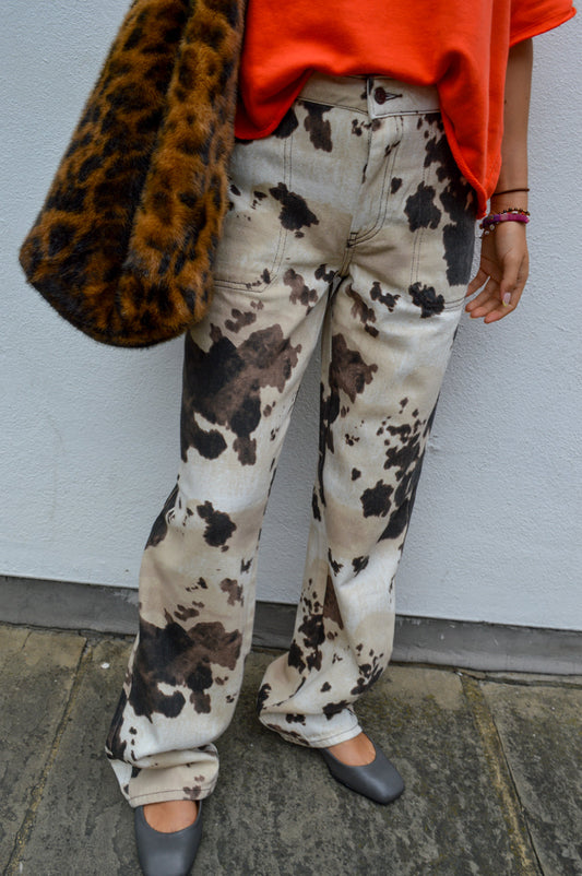Numph Ivy Grey Morn Cow Printed Jeans