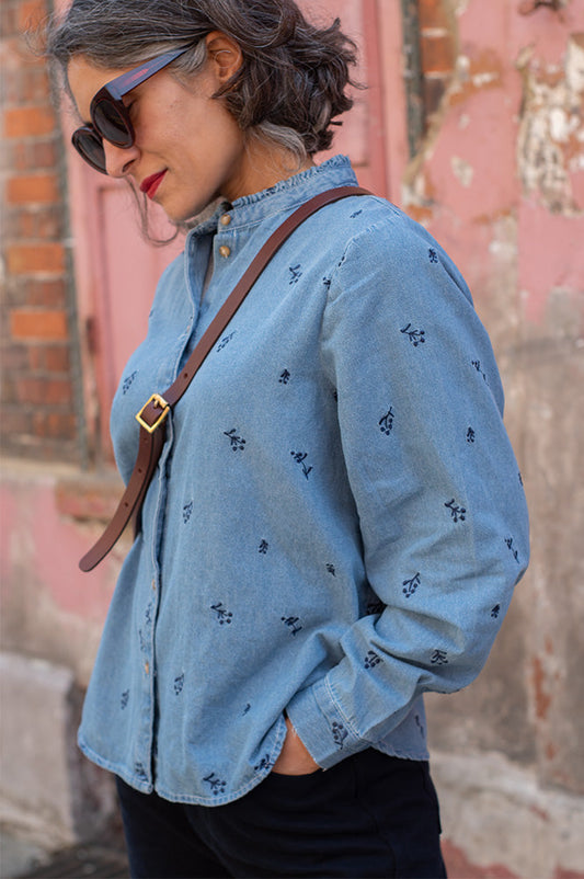 ICHI Archer Floral Embroidered Denim Shirt
