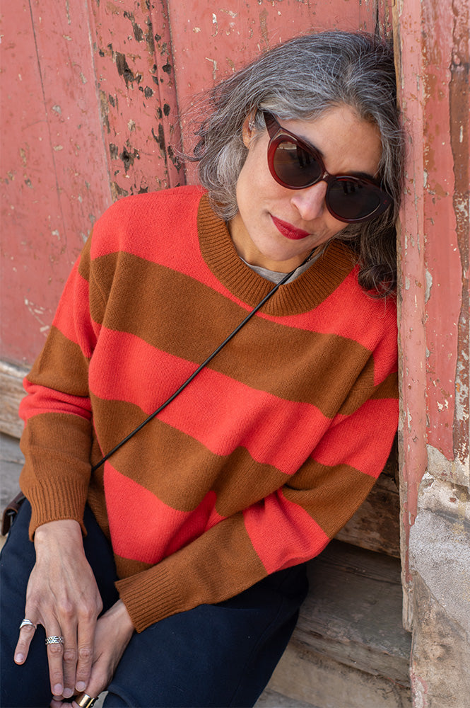 Cash CA Chestnut & Firebrick Striped Crew Neck Jumper