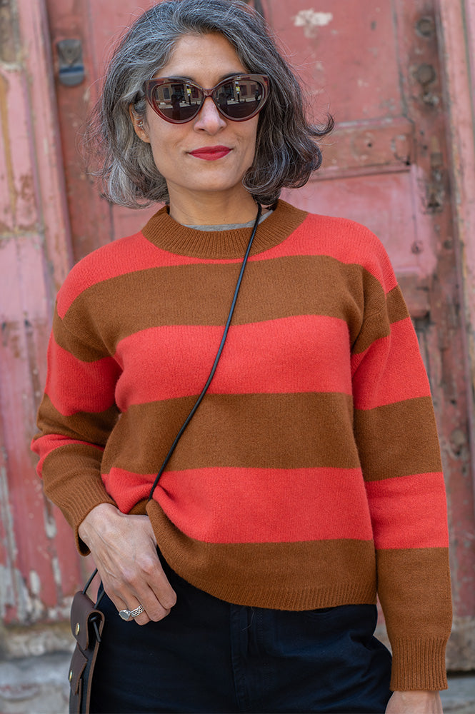 Cash CA Chestnut & Firebrick Striped Crew Neck Jumper