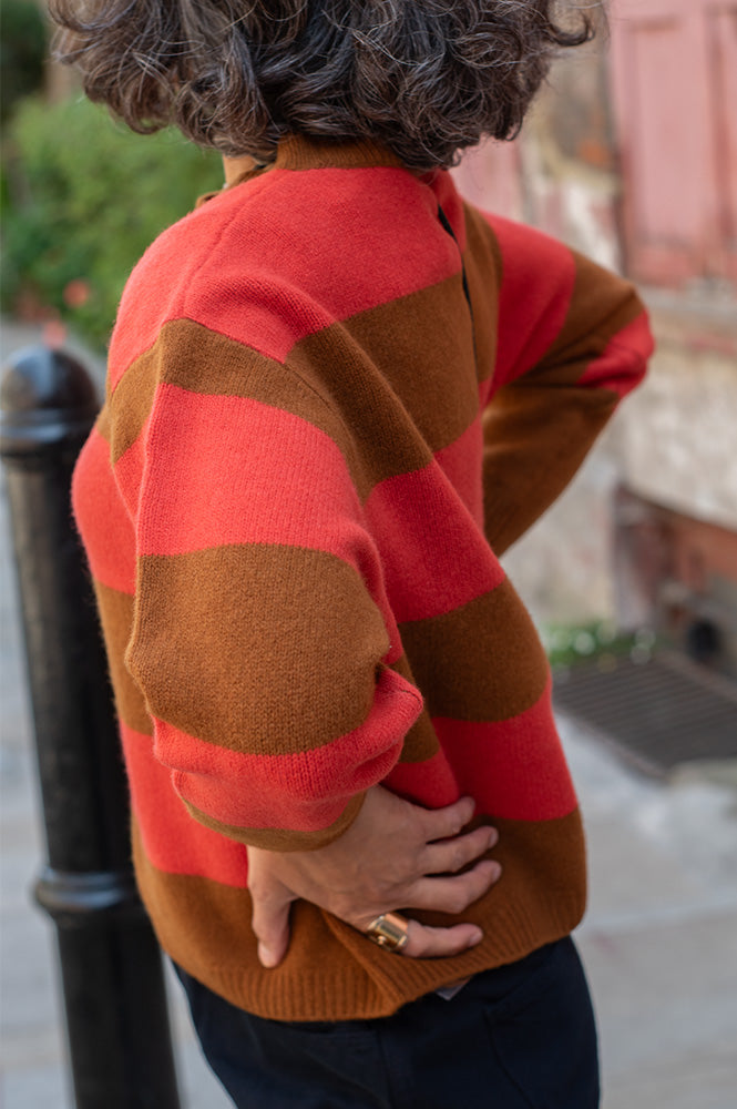 Cash CA Chestnut & Firebrick Striped Crew Neck Jumper