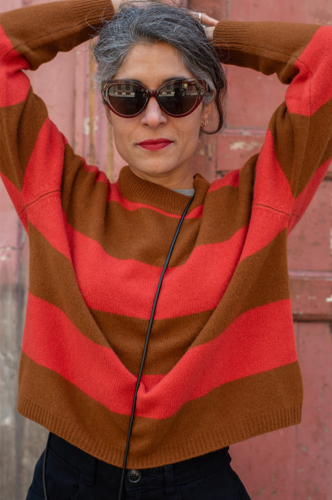 Cash CA Chestnut & Firebrick Striped Crew Neck Jumper