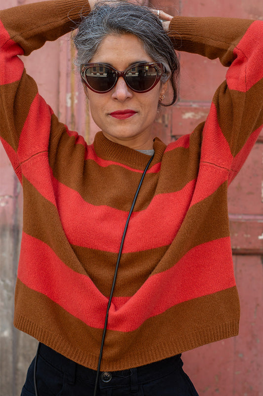 Cash CA Chestnut & Firebrick Striped Crew Neck Jumper