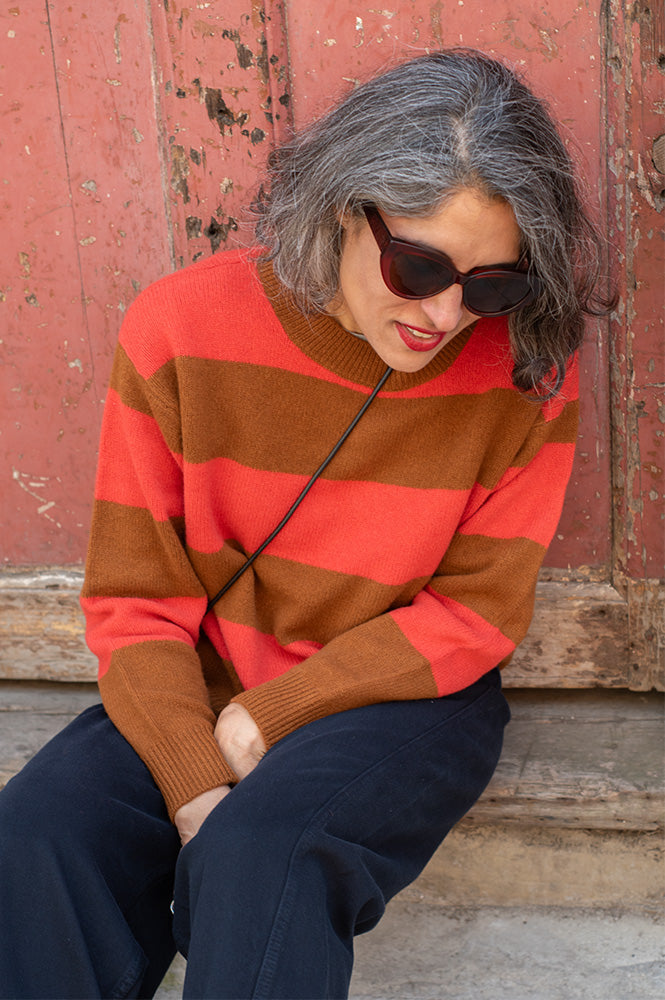 Cash CA Chestnut & Firebrick Striped Crew Neck Jumper