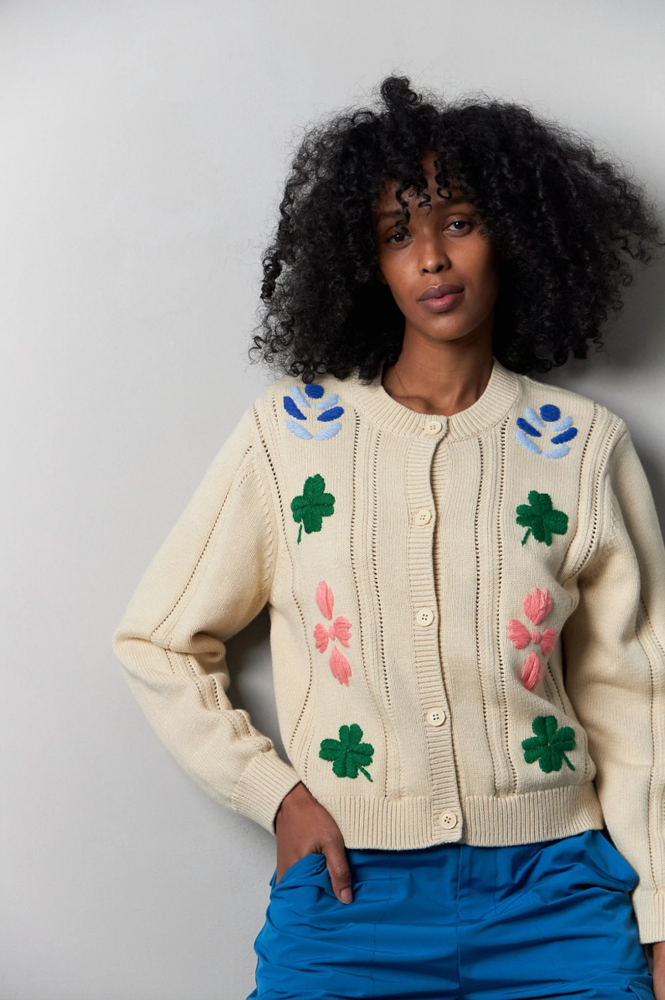 Stella Nova Embroidered Pointy Creme Cardigan