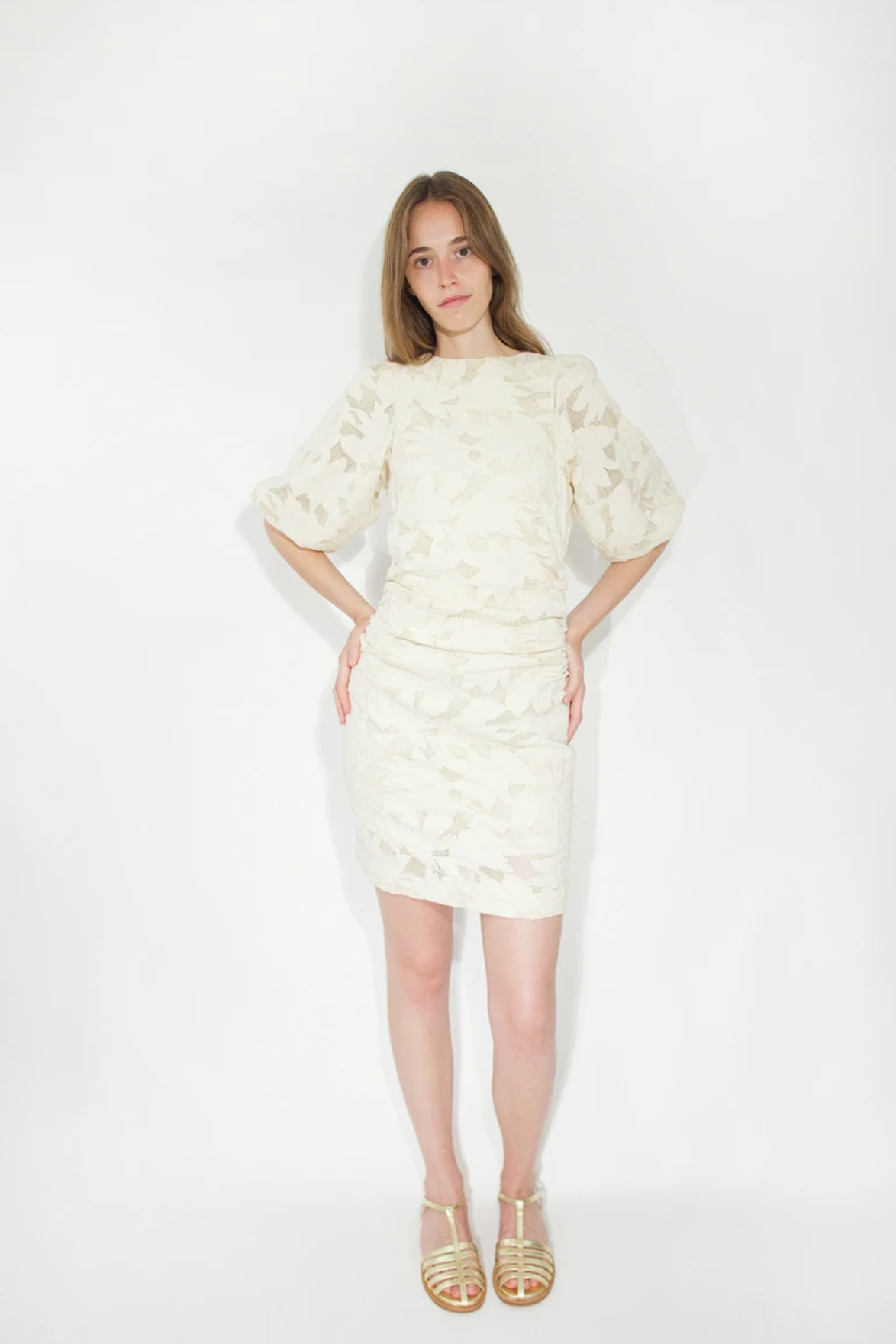The Tiny Big Sister Guipure Light Cream Short Dress