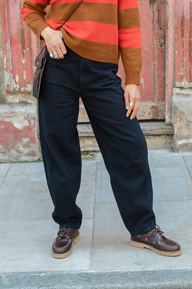 ICHI Hezano Navy Barrel Leg Trousers