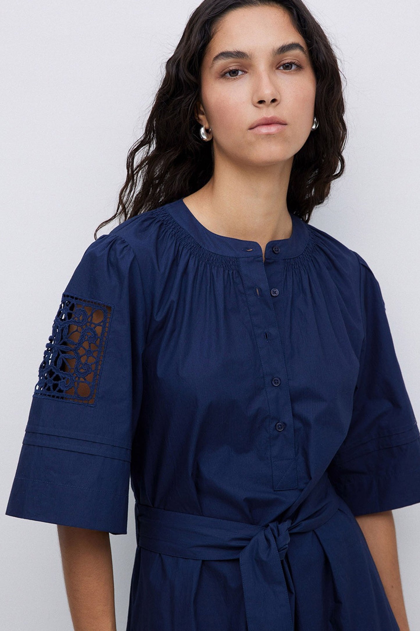 Yerse Navy Poplin Lace-Edged Dress
