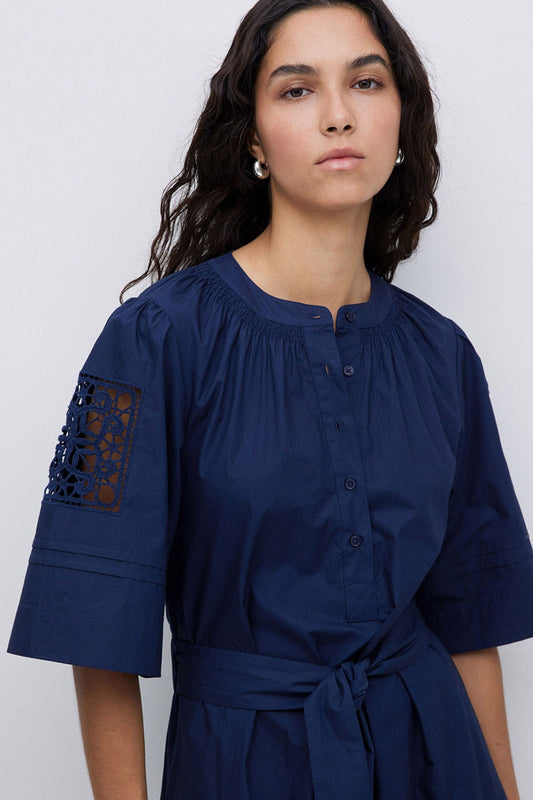 Yerse Navy Poplin Lace-Edged Dress