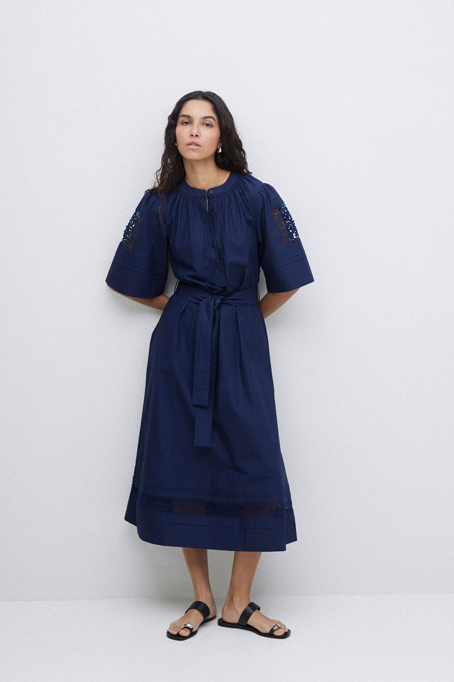 Yerse Navy Poplin Lace-Edged Dress