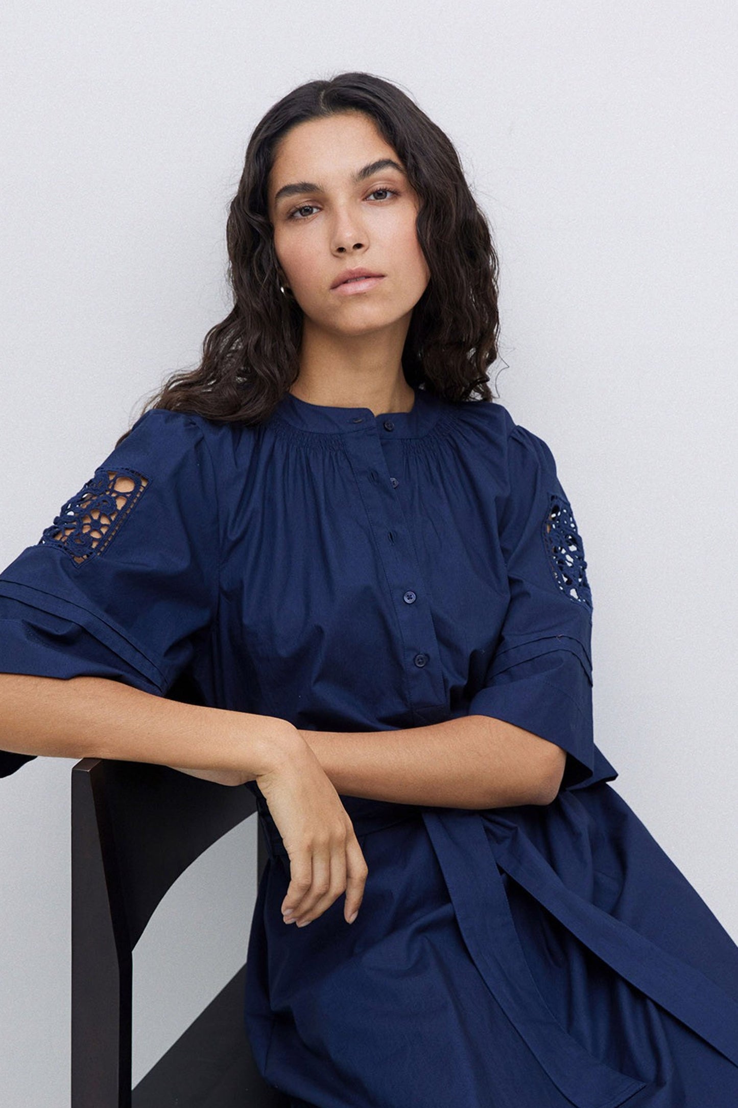 Yerse Navy Poplin Lace-Edged Dress