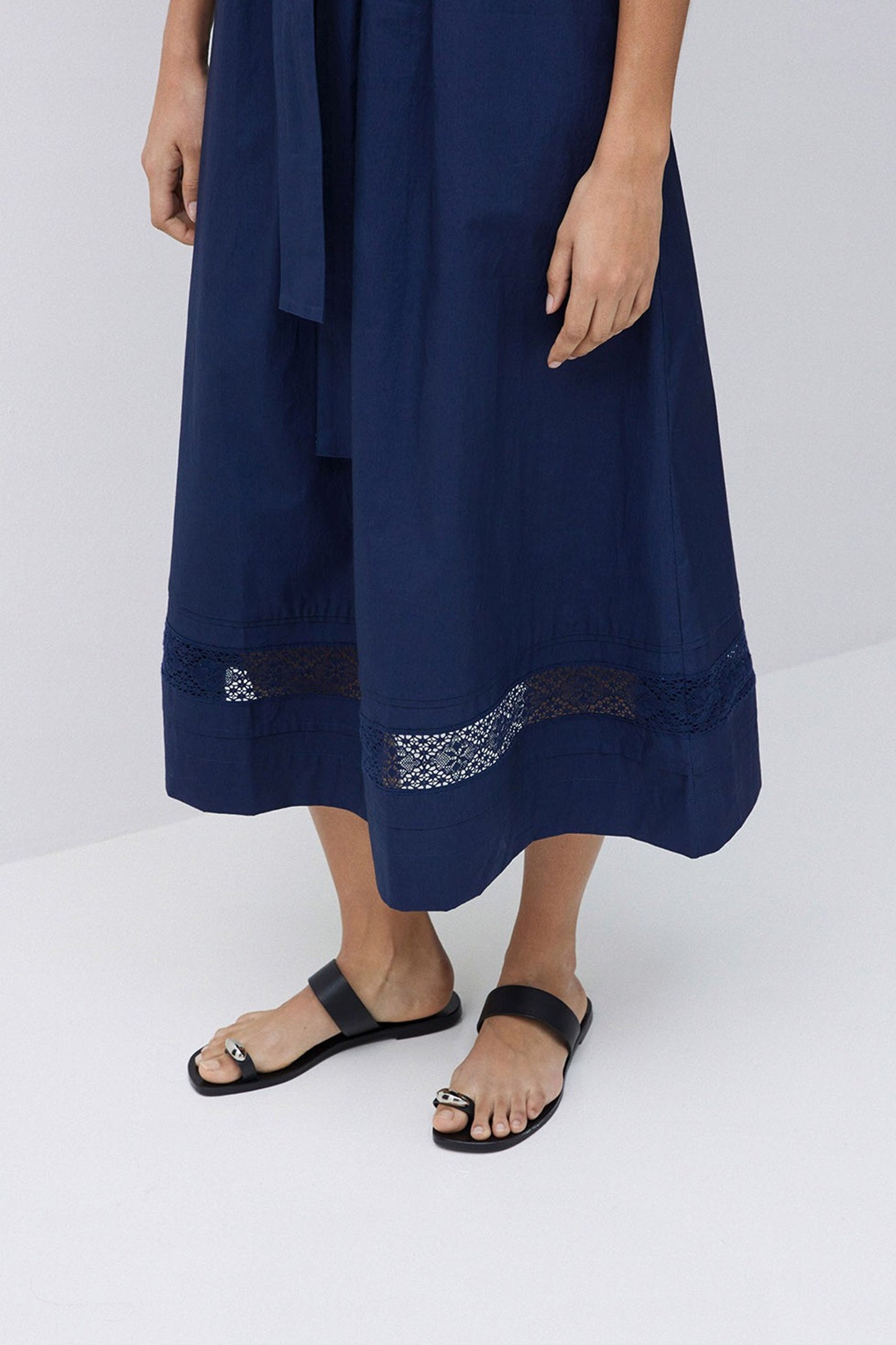 Yerse Navy Poplin Lace-Edged Dress