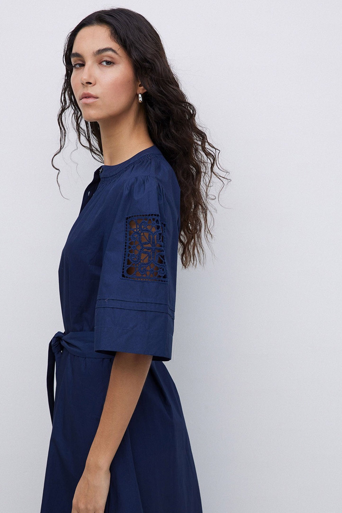Yerse Navy Poplin Lace-Edged Dress