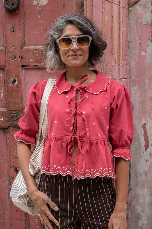 Seventy + Mochi Ana Tie Front Vintage Red Blouse