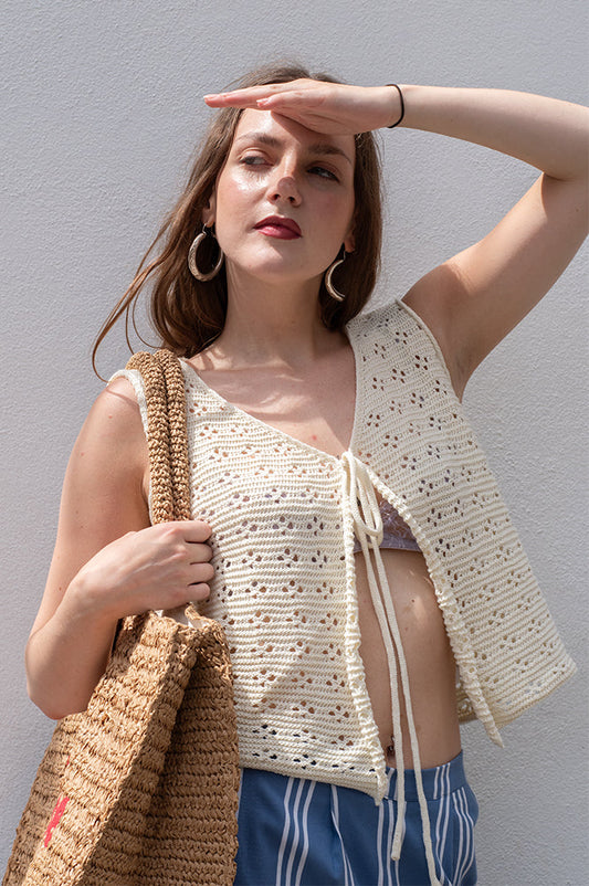 Compania Fantastica Ecru Knit Bow Top